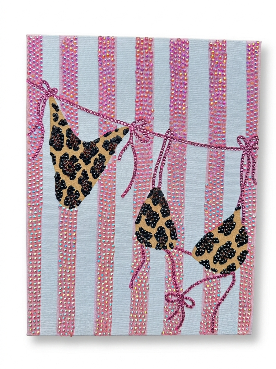 Cheetah Bikini & Pink Stripe Rhinestone Canvas Art Kit