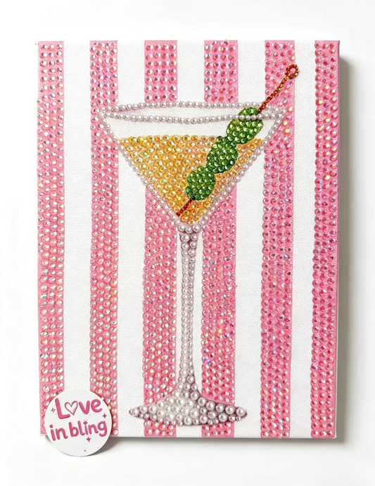 Pink Stripped Martini Rhinestone Canvas Art Kit